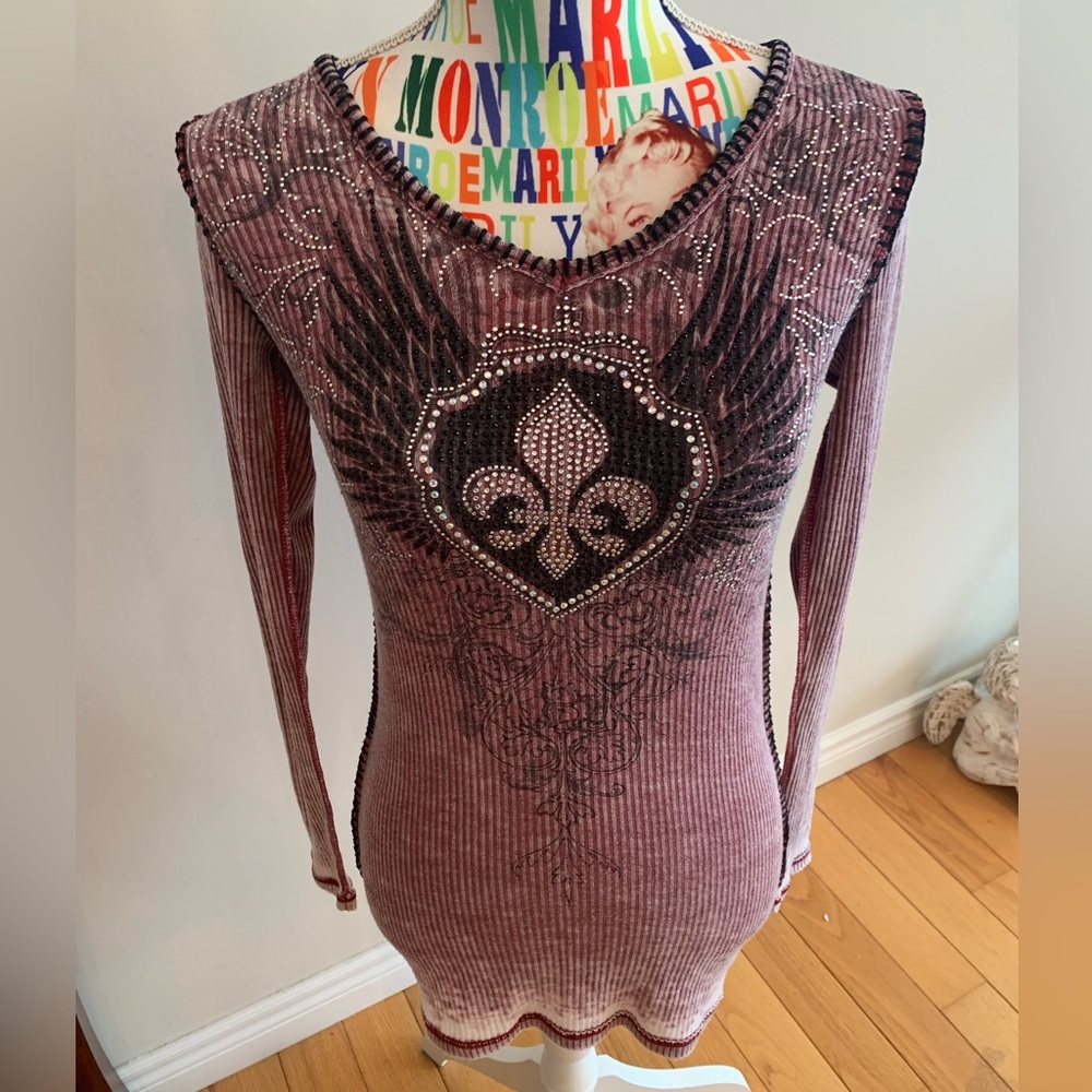 Y2K Pink Long Sleeve Embellished Fleur De Lis Top with Black Stitching